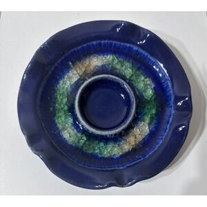 Pottery Glaze Cobalt Blue Crackle Recycled Glass Candle Tea Light Holder USA